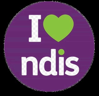 I love NDIS logo with white text and green heart on purple circular background