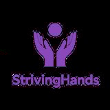 StrivingHands logo with two purple hands holding up a circle on black background
