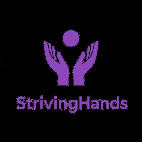 StrivingHands logo with two purple hands holding up a circle